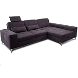 CAVADORE Ecksofa Bali / Trendige Sofaecke mit Longchair rechts, Kopfstütze & Nierenkissen / Inkl. Sitztiefenverstellung, Bett & Bettkasten / 286 x 92 x 176 / Flachgewebe: Dunkelgrau