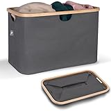 HENNEZ Faltbarer Wäschekorb Grau 60L - aus Stoff mit Bambus - Klappbarer Flach - Collapsible Foldable Laundry Basket - Tragbar Wäschesammler
