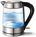 Wasserkocher Glaskessel |Wasserkocher |Gebürsteter Edelstahl |1,7 l kabelloser Teekessel |1800 W Heizung Present