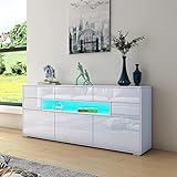 Modernes Hochglanz Buffet Anrichten Schränke Sideboard mit LED Lichter 5 Schubladen 3 Türen für Schlafzimmer Wohnzimmer Home Office Weiß