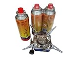 GEKO Edelstahl Faltbar Gaskocher + 3x Kartusche | 1-flammig | Klein Campingkocher | Gasbrenner | Kompakter Outdoor Gaskartuschen | 2800W | EN417 certificate für Outdoor Picknick Trekking Wandern