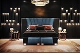 TRADA Imperial Boxspringbett Luxus Hotelbett in Schlafzimmer mit Matratze Lederbett (Schwarz Leder + Meerblau Velvet, 200 x 200 cm)
