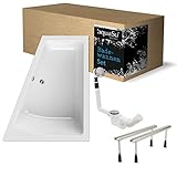 'aquaSu® Komplettset Acryl-Badewanne 170 x 140 cm | Raumspar- Badewanne droPino | linke Ausführung | Wannenfüße | Excenter-Ablaufgarnitur | Raumspar-Badewannen-Set komplett | Weiß | 83267 0