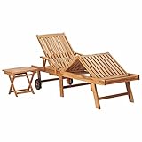 Festnight Sonnenliege Holz mit Rollen Sonnenliege 1 Personen Gartenliege 1 Personen Gartenliege Holz Liegestuhl verstellbaren Massivholz Teak-Beige-Mit Tisch