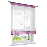 ESLIR Raffrollo Küche Raffgardine mit Tunnelzug Gardinen Transparent Bändchenrollo mit Schmetterling Bestickt Voile Violett BxH 100x140cm 1 Stück