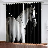 MAYNUO Verdunklungsvorhänge 3D Weißes Pferd Gardinen Mit Ösen Blickdichte Vorhänge Für Schlafzimmer Wohnzimmer 200x160 cm Vorhang Kinderzimmer Junge, 2Er Set Gardinen Mit Ösen, Abdunkelnde