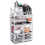 Makeup Organizer mit 12 Schubladen, Kosmetik Aufbewahrungsbox, Schmink Aufbewahrungskasten, Stapelbare Kosmetikorganiser, Acryl Schminkaufbewahrung (24x14x45,5cm), Transparent