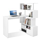 Meerveil Computertisch L-Förmig, Eckschreibtisch, mit 360 Grad Drehbarem Bücherregal für Arbeitszimmer Wohnzimmer Büro 157 x 45 x 130,5 cm, Weiß