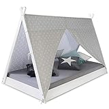 Homestyle4u 1847, Kinderbett 90x200 Weiß Grau Sterne Hausbett Tipi Bett für Kinder Holzbett mit Lattenrost Holz