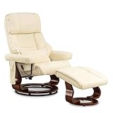 M MCombo Massagesessel mit Hocker, 360° drehbarer Relaxsessel mit Liegefunktion, moderner TV-Sessel Fernsehsessel mit Seitentasche für Wohnzimmer, Kunstleder, 9068 (Creme)