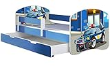 ACMA Kinderbett Jugendbett mit Einer Schublade und Matratze Blau mit Rausfallschutz Lattenrost II 140x70 160x80 180x80 (38 Polizei, 180x80 + Bettkasten)