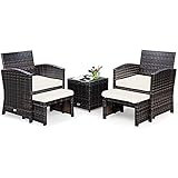 GIANTEX 5er Gartenmöbel Set Rattan, Balkonmöbel kleiner Balkon, Balkon Möbel Balkon Set 2 Stühle mit Tisch, Gartenlounge Set Terrassenmöbel mit Fußhocker, Gartengarnitur Gartenset Möbel (Weiße Kissen)