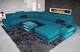 XXL Sofa Wohnlandschaft Bologna - mit LED Beleuchtung, verstellbare Kopfstützen, Recamiere/Mikrofaser/Ausrichtung wählbar (Ottomane rechts, Schwarz-Azurblau)