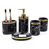 Badezimmer-Zubehör-Sets, 5-teiliges schwarzes Luxus-Badezimmer-Set, Marmor-Muster, Badezimmerzubehör, Zahnbürstenhalter, Lotionspender, Tassen, Seifenschale