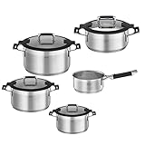 RÖSLE SILENCE PRO Topf-Set 5-tlg, Universaltopfset mit 3 Kochtöpfen, 1 Bratentopf und 1 Stielkasserolle, Edelstahl 18/10, Glasdeckel, Innenskalierung, induktions- und spülmaschinengeeignet