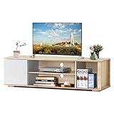 KOMFOTTEU Fernsehschrank mit 2 offenen Regalen, TV Lowboard mit Kabelführungslöcher & Staufächer, TV Schrank für Fernseher bis zu 55 Zoll, Fernsehtisch für Wohnzimmer Schlafzimmer, Natur + Weiß