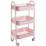 DOEWORKS Aufbewahrungswagen 3-Etagen Metall Utility Cart Rollwagen Organizer Wagen mit Rädern für Küche Make-up Badezimmer Büro, Rosa