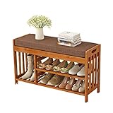 IMYOGI Schuhregal, Organizer, Regal, 2-stöckig, Schuhregal, Bank, Hausschuhe, Regal, Aufbewahrung, natürliches Bambusholz, braun, mit Sitzkissen, freistehend, platzsparend (50 cm hoch)