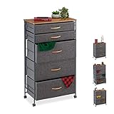 Relaxdays Schubladenschrank mit Rollen, 5 Stoff Schubladen, Deko Stoffschrank, Holzoptik, HBT 96,5 x 58 x 30 cm, grau