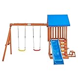 Juskys Spielturm Yannis — Klettergerüst für Kinder mit Rutsche, Schaukeln, Kletterwand & Zubehör — Kletterturm für Outdoor aus Holz ab 3 Jahren