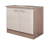 Flex Well Spülenschrank Nepal - Unterschrank - inkl. Spülen-Einbaubecken - Breite 100 cm - Creme glänzend/Eiche Sonoma