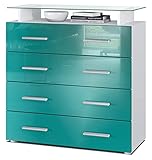 Vladon Sideboard Pavos V2, Kommode mit 4 Schubladen und Glasablage, Weiß matt/Petrol Hochglanz (76 x 81 x 35 cm)