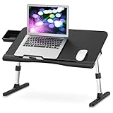 Laptoptisch fürs Bett Couch, COKWEL Betttisch Laptop Tisch Höhenverstellbar mit Schublade, PVC-Leder Notebooktisch Lapdesk Schreibtisch Schlafsaal für Frühstücks, Zeichnen oder Lesen, 60x34cm-Schwarz