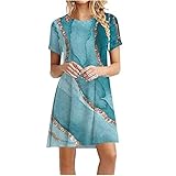 tsaChick Sommerkleid Damen midi Women's Summer Printed Casual Kurzarm Rundhalsausschnitt Knielanges Kleid Damen Kleid Sommer Kleid Damen midi Kleid blau weiß