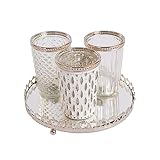 3er Windlichtset Teelichtglas mit Spiegelplatte Teelichthalter Kerzenglas Windlicht Glas Kerzentablett (Weiß) Antik