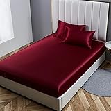 Damier Spannbettlaken 180x200cm Rot Weinrot Satin Seide Glänzend Bettlaken Hochwertiges Deluxe Unifarben Spannbetttuch, geeignet für Matratzen bis 30cm
