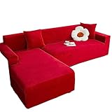 OQHAIR Samtschnitt Sofabezug 2-teilige L-Form Sofaüberwurf Stretch-Anti-Rutsch-Möbelschutz für das Wohnzimmer -Rot-4+2Seat