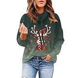 Pullover Herbst Damen Frauen Weihnachten Casual Langarm Sweatshirt Farbverlauf Schneeflocke Hirschkopf Druck Wasserfallausschnitt Kordelzug Lose Pullover Sweatshirt Tops Herrenwesten Übergrößen