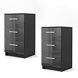 Vicco Nachtschrank Kommode Boxspringbett Nachttisch Nachtkommode Kommode Schrank - 3 Schubladen - 66cm hoch (Schwarz Hochglanz Front, 2er Set)