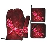 Abstrakte rote Libelle Isolierte Handschuhe und Pfannenmatte Set, 4er Set, wasserdichte rutschfeste Ofenhandschuhe und Pfannenmatten mit Taschen für Küche Kochen Grill