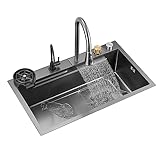 Küchenspüle 304 Edelstahl Nano Flying Rain Wasserfall Home Bar Bauernhaus Gemüsebecken Schwarz 8 Zoll tiefer Einzelwaschbecken-Arbeitsplatz mit herausziehbarem Wasserhahn, Druckbecherspüler (Größe :