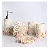GRFIT Seifenspender Shell Muster Harz Seifenspender 5-teiliges Set Home Bad Kilometer Set Flüssig Lotion Flasche/Mundschale/Zahnbürstenhalter/Seifenschale Seifenspender für Küche, Bad