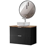 Lomadox Waschplatz Set, 80cm breit mit Keramik Waschbecken und LED Spiegel, schwarz matt mit Eiche Nb., Front gerillt