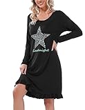 Uniexcosm Nachthemd Damen Langarm Schlafkleid Rundhals Nachtkleid Sternen und Mondmustern Lässige Nachtwäsche Schlafhemd Sleepshirt Weich Freizeitkleid Schwarz XXL