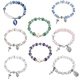 Adramata 8 Stück Perlen Armbänder für Damen Mädchen Katholische Stretcharmbänder Kristall Kreuz Armband Kruzifix Wundermedaille Yoga Rosenkranz Perlen Armbänder Set Böhmische Armbänder Boho Schmuck