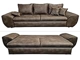Vintage Big Sofa mit Schlaffunktion und Bettkasten, XXL Trend Couch, Wellenfederung, viele Kissen, 272 cm breit, 96 cm tief, Liegefläche 149 x 194 cm, Mikrofaserstoff in Leder-Optik in Braun | 18008