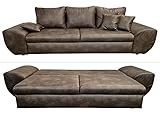 Vintage Big Sofa mit Schlaffunktion und Bettkasten, XXL Trend Couch, Wellenfederung, viele Kissen, 272 cm breit, 96 cm tief, Liegefläche 149 x 194 cm, Mikrofaserstoff in Leder-Optik in Braun | 18008