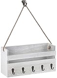 Wandregal Holz für Schlüsselbrett Organizer mit 5 Haken, Rustikale Postsortierer Schlüsselhalter mit Briefhalter, Wand Schlüsselhaken Schlüsselbrett Holz mit Hanfseil für Eingang Wohnzimmer, Weiß Grau