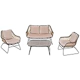 Outsunny Polyrattan Gartenbank 4-teiliges Rattensofa-Set für Pause Teetisch aus gehärtetem Glas Sitzbank mit Tisch & Kissen Stahlrahmen Stahl Polyester Khaki+Beige