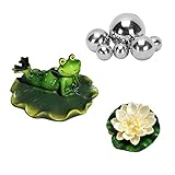 Super Idee Schwimmende Teichdeko Miniteich Deko Set Liegend Frosch auf Lotosblatt mit 6 Silber Kugeln und 2 STK Lotusblüte für Terrassenteich Zinkwannen Solarbrunnen Garten Balkon Teiche Deko