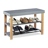 Relaxdays, grau Bambus Schuhbank, 2 Ebenen, offen, Schuhaufbewahrung, zum Sitzen, natürliche Maserung, HBT: 45x70x28,5cm, Standard