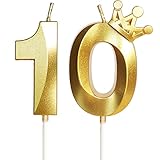 Geburtstagskerze 10 Zahlenkerze 10 mit Krone, 5cm Gold Geburtstagskerzen, Kerzen Geburtstag, Tortendeko Geburtstag, Tortendekoration für Kinder, Erwachsene, 10. Geburtstagsfeier, Jubiläum, Nummer 10