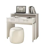 Selsey Cocos – Schreibtisch/Computertisch Ausziehbar mit Rollen, Schubladen und Aufsatz in Weiß Matt/Weiß Hochglanz, 100 cm breit