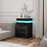 Moderner Nachttisch mit LED Beleuchtung Nachtschrank Hochglanz Nachtkommode mit 3 Schubladen & Flip Cover für Wohnzimmer Schlafzimmer Schwarz