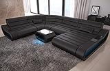 Sofa Dreams Wohnlandschaft Concept XXL U Form Ledersofa - mit LED Beleuchtung, ergonomische Rückenlehnen, Recamiere/Lederfarben wählbar/Ausrichtung Ottomane wählbar (Ottomane rechts, Black)