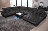 Sofa Dreams Wohnlandschaft Concept XXL U Form Ledersofa - mit LED Beleuchtung, ergonomische Rückenlehnen, Recamiere/Lederfarben wählbar/Ausrichtung Ottomane wählbar (Ottomane rechts, Black)